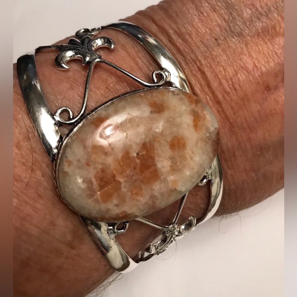 Sunstone Stamped 925 Sterling Silver Cuff Bracelet